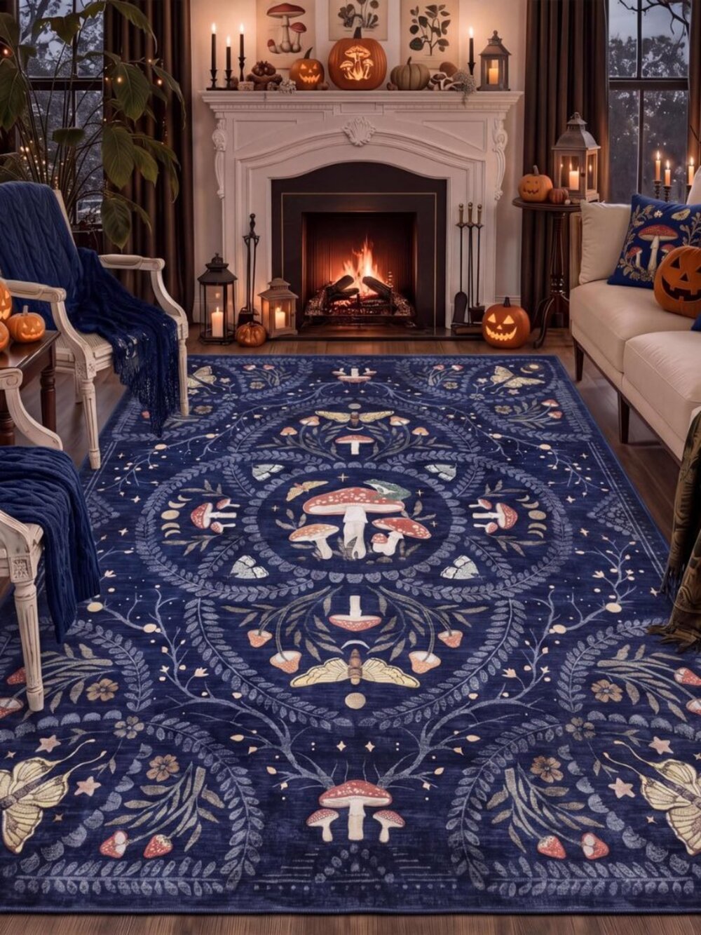 Mushroom 5x7 Area Rugs for Living Room, Washable Blue Gothic Rug